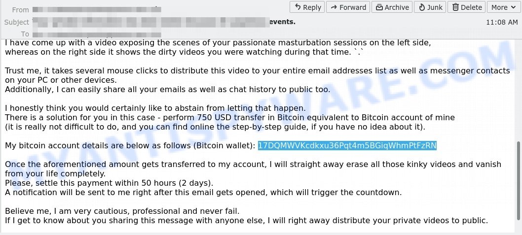 17DQMWVKcdkxu36Pqt4m5BGiqWhmPtFzRN Bitcoin Email Scam
