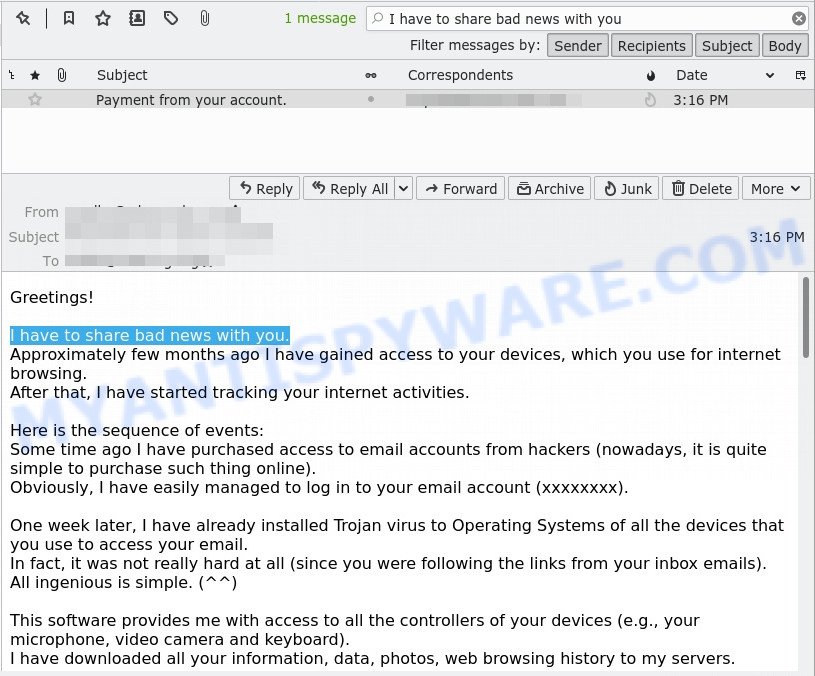 I have to share bad news with you email scam
