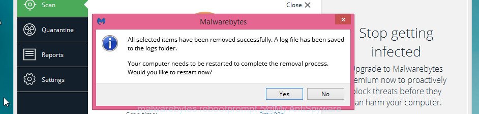 MalwareBytes Anti Malware for Microsoft Windows restart dialog box