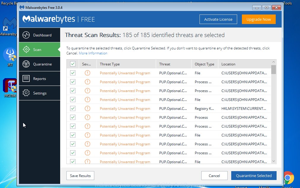 MalwareBytes Free for MS Windows, scan for browser hijacker is complete