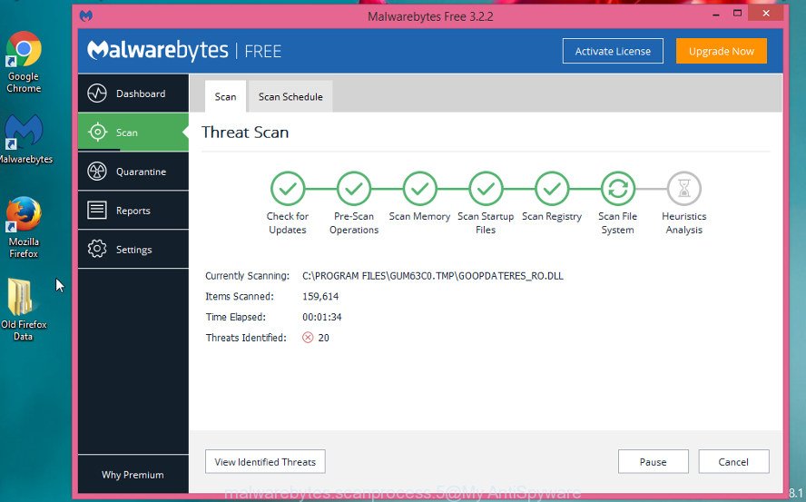 MalwareBytes Anti Malware for Microsoft Windows search for browser hijacker responsible for redirections to Search.searchpcst2.com